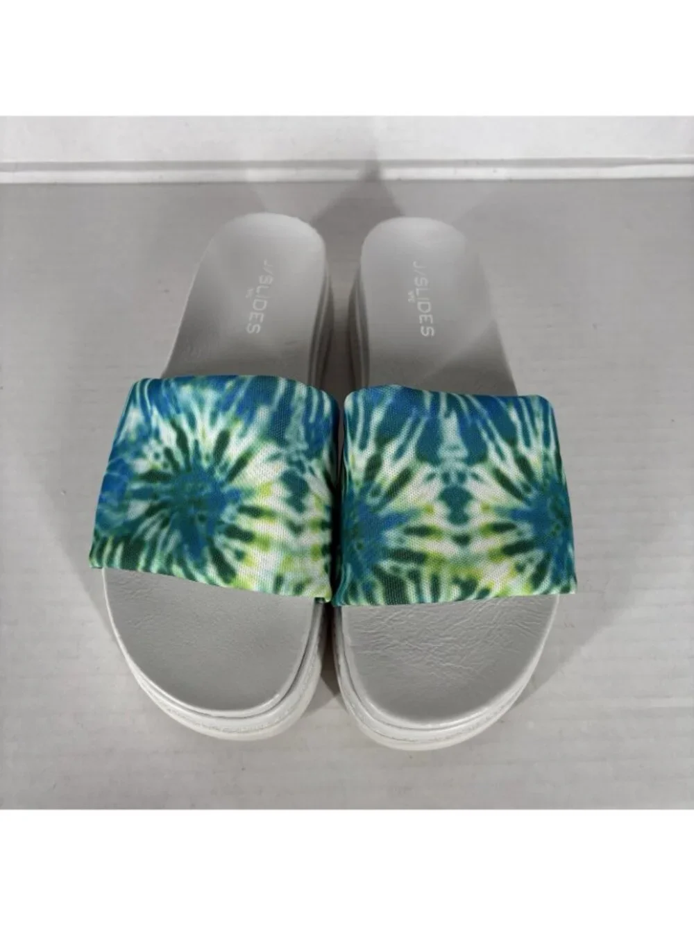 J/SLIDES Women 10 Blue Green Tie Dye Beach Casual Brit Slide Platform Sandals